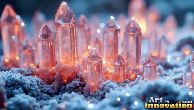 Pink pointed crystals lit from inside sit in frosty blue ground