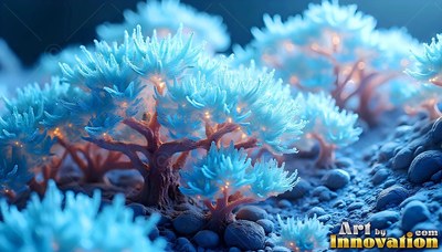 On a rocky landscape, small blue trees have frosted leaves lit by warm points of light