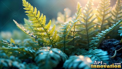 Catching soft sunlight, green fern fronds rise above frosted blue leaves