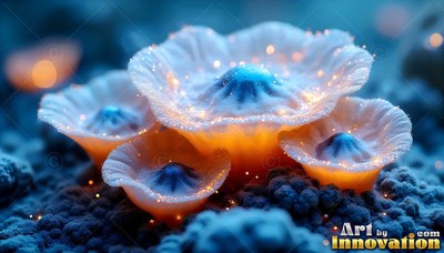 Cup-shaped orange and blue mushrooms lit with bright specks