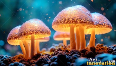 Sparkling frosted caps top mushrooms lit from underneath on bumpy dark ground