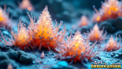 Spiky orange plants rise from blue ground with warm light shining inside them