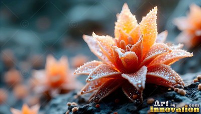 Tilted upward on dark rock, an orange succulent blooms with icy dew drops
