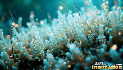 Tiny pale blue stalks sprout closely together in soft yellow light