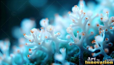 In deep blue light, tiny white branching stalks sprout with orange tips