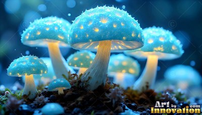 Sprouting from dark soil, small blue mushrooms shine with warm yellow light under their caps
