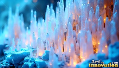 Frosty crystal spires rise up with warm orange light shining below