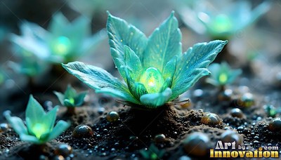Pointed teal petals cradle a bright green core on dark soil scattered with glass beads