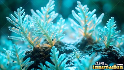 Pale blue fern fronds sprout from dark soil under soft golden backlighting