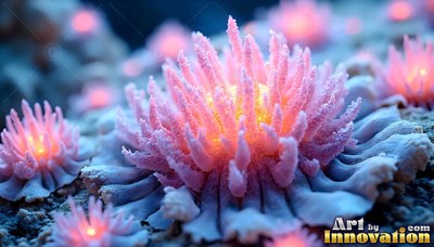 Close up from above a field of pink coral flowers with warm light inside