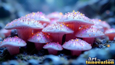 Pink mushrooms grow on dark soil with sparkly orange dots on their caps