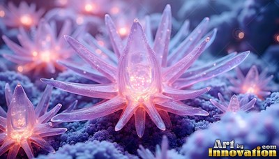 On a purple moss bed, a pointed pink glass flower shines with bright light inside