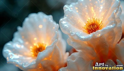Shining with warm light inside, pale glass flowers open their bright yellow centers