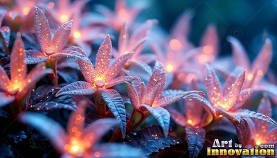 Star-shaped pink flowers shine in the dark blue night