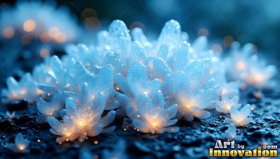 Frosted pale blue petals with warm centers form low clusters on dark wet ground