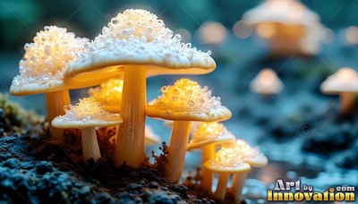 Small yellow mushrooms grow together, topped with bright white beads of light