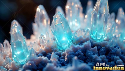 Standing upright on white crust, blue crystals shine with internal light