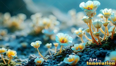 Small pale blue and yellow cup flowers sprout along mossy ground in soft daylight