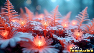 In a dim forest, pale pink frosted flowers shine beside small ferns