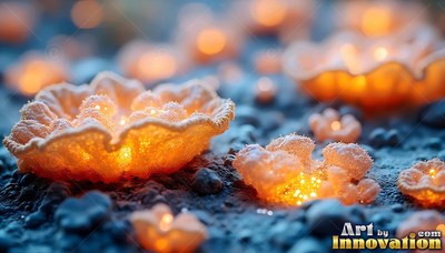 Resting on dark gravel, cup-shaped yellow fungi shine with warm light from within