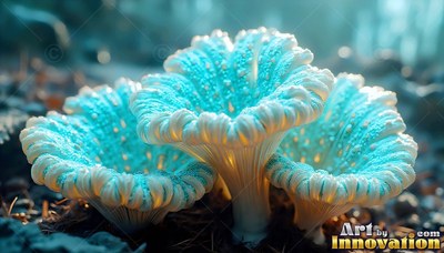 Three ruffled turquoise mushrooms on dark ground