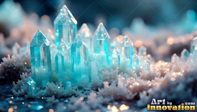Pointed blue crystal spires sprout from white frosted ground in soft light