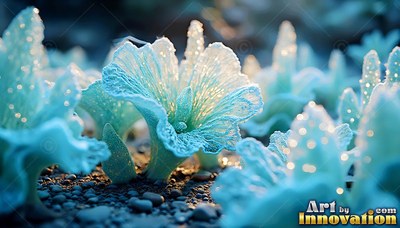 Frosted blue flowers open across dark pebbles under warm sunlight sparkling on their petals
