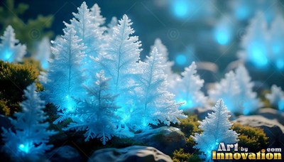Standing upright on mossy stones, white frosted trees shine with blue light