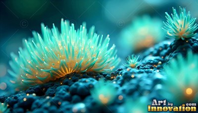 Spiky teal sea anemones grow along a dark blue bumpy reef underwater