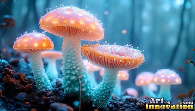 In a foggy blue forest, pink mushrooms sprout from dark soil on teal stems