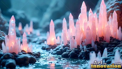 Rising from dark ground, pointed pink crystal spires shine along cold water