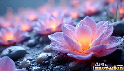 Pink lotus flowers lit from within on wet dark stones