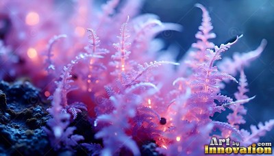 Pale pink fronds with tiny points of light branch out from dark rocks into deep blue shade