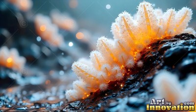 Frosted white fungus sprouts on dark wet rock with warm orange light shining through its base