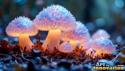 Clustered low on dark ground, mushrooms have icy blue caps with lit orange stems