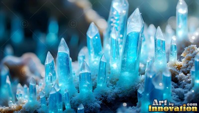 Pointed blue crystal spires grow out of pale, frosted ground in soft light