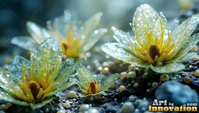 On dark damp soil, clear glass-like flowers bloom with yellow centers