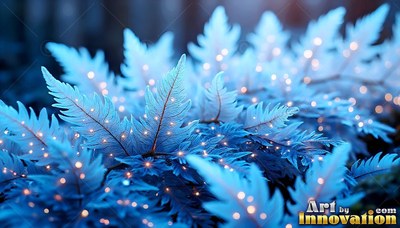 Spreading across the dark, pale blue fern leaves hold tiny warm dots of light