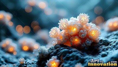 White coral clusters with bright yellow centers on blue rock