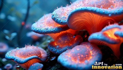 Spotted orange caps mark these mushrooms clustered together in dark blue light