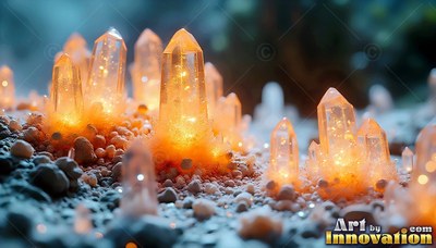 Amber crystals rise from pebbled ground, shining with warm yellow light inside