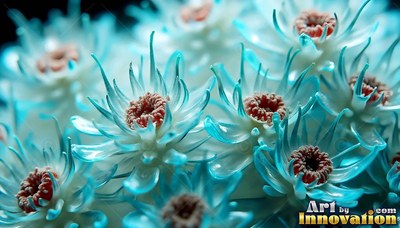 Facing upward in a dark field, pale blue sea anemone flowers cluster together