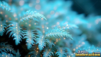 Frosty blue fern leaves covered in tiny sparkling yellow lights