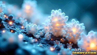 On dark ground, frosted white fungi shine with small yellow lights inside