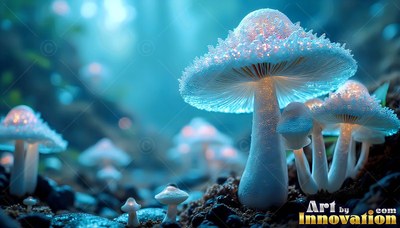 Sprouting from dark soil, frosted white mushrooms light up a misty blue forest