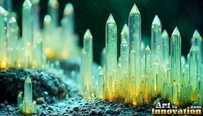Pale green crystal towers rising from rocky gray ground