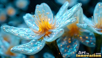 Dewdrops cover clear blue petals on a flower with a bright orange center against a dark backdrop
