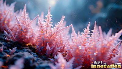 Frosted pink ferns sprout upward from dark ground with warm specks of light