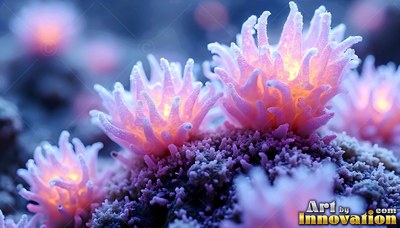 Standing close up on a reef, pink sea anemones shine with warm inner light