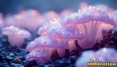 Lighted pink mushrooms grow close together in dark gravel